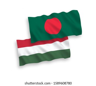 National vector fabric wave flags of Bangladesh and Hungary isolated on white background. 1 to 2 proportion.