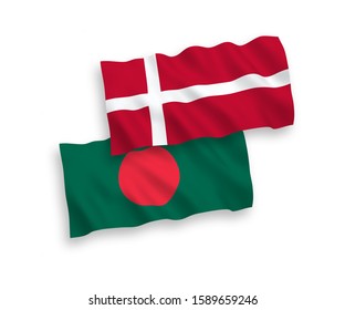 National vector fabric wave flags of Denmark and Bangladesh isolated on white background. 1 to 2 proportion.