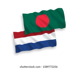 National vector fabric wave flags of Bangladesh and Netherlands isolated on white background. 1 to 2 proportion.