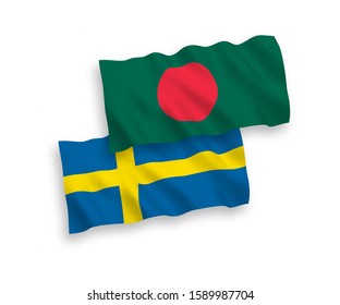 National vector fabric wave flags of Sweden and Bangladesh isolated on white background. 1 to 2 proportion.