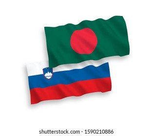 National vector fabric wave flags of Slovenia and Bangladesh isolated on white background. 1 to 2 proportion.