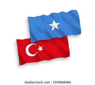 National vector fabric wave flags of Turkey and Somalia isolated on white background. 1 to 2 proportion.