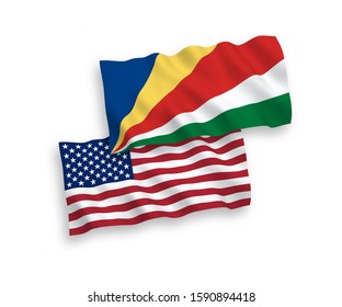 National vector fabric wave flags of Seychelles and USA isolated on white background. 1 to 2 proportion.