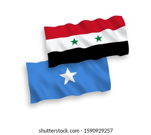 National vector fabric wave flags of Somalia and Syria isolated on white background. 1 to 2 proportion.