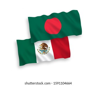 National vector fabric wave flags of Mexico and Bangladesh isolated on white background. 1 to 2 proportion.