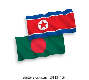 National vector fabric wave flags of North Korea and Bangladesh isolated on white background. 1 to 2 proportion.