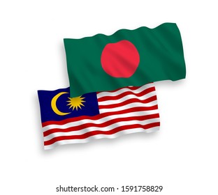 National vector fabric wave flags of Bangladesh and Malaysia isolated on white background. 1 to 2 proportion.