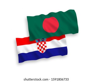 National vector fabric wave flags of Bangladesh and Croatia isolated on white background. 1 to 2 proportion.