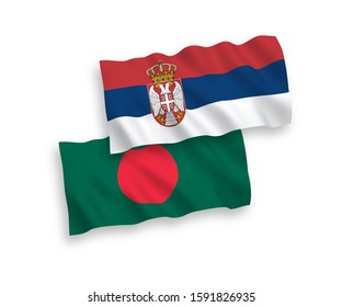 National vector fabric wave flags of Bangladesh and Serbia isolated on white background. 1 to 2 proportion.
