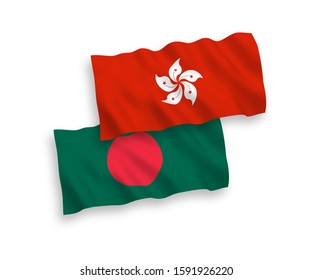 National vector fabric wave flags of Bangladesh and Hong Kong isolated on white background. 1 to 2 proportion.