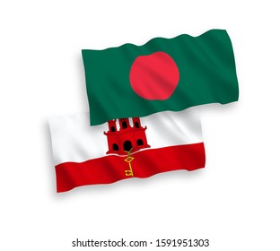National vector fabric wave flags of Bangladesh and Gibraltar isolated on white background. 1 to 2 proportion.
