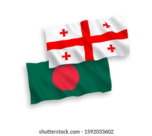 National vector fabric wave flags of Bangladesh and Georgia isolated on white background. 1 to 2 proportion.