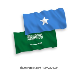 National vector fabric wave flags of Saudi Arabia and Somalia isolated on white background. 1 to 2 proportion.