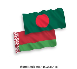 National vector fabric wave flags of Bangladesh and Belarus isolated on white background. 1 to 2 proportion.