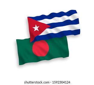 National vector fabric wave flags of Bangladesh and Cuba isolated on white background. 1 to 2 proportion.