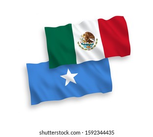National vector fabric wave flags of Mexico and Somalia isolated on white background. 1 to 2 proportion.