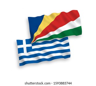 National vector fabric wave flags of Greece and Seychelles isolated on white background. 1 to 2 proportion.