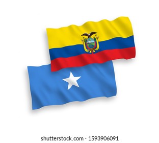 National vector fabric wave flags of Somalia and Ecuador isolated on white background. 1 to 2 proportion.