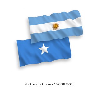 National vector fabric wave flags of Somalia and Argentina isolated on white background. 1 to 2 proportion.