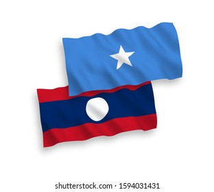 National vector fabric wave flags of Somalia and Laos isolated on white background. 1 to 2 proportion.