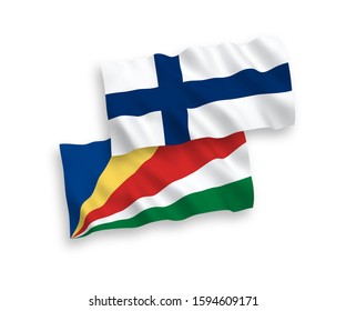 National vector fabric wave flags of Finland and Seychelles isolated on white background. 1 to 2 proportion.