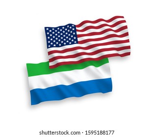 National vector fabric wave flags of Sierra Leone and USA isolated on white background. 1 to 2 proportion.