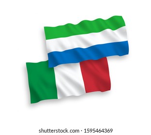 National vector fabric wave flags of Italy and Sierra Leone isolated on white background. 1 to 2 proportion.