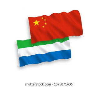 National vector fabric wave flags of Sierra Leone and China isolated on white background 1 to 2 proportion.