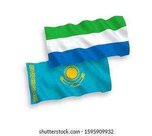 National vector fabric wave flags of Kazakhstan and Sierra Leone isolated on white background. 1 to 2 proportion.