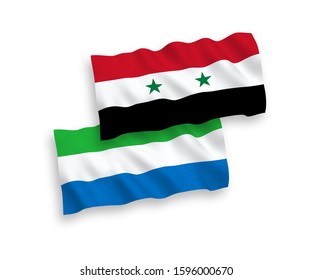 National vector fabric wave flags of Sierra Leone and Syria isolated on white background. 1 to 2 proportion.