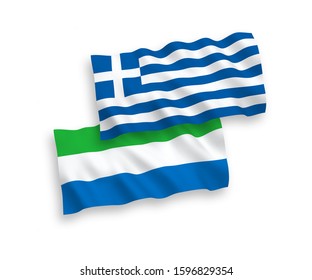 National vector fabric wave flags of Greece and Sierra Leone isolated on white background. 1 to 2 proportion.