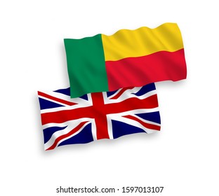 National vector fabric wave flags of Great Britain and Benin isolated on white background. 1 to 2 proportion.