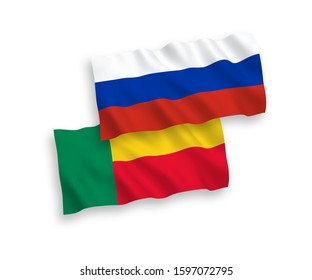 National vector fabric wave flags of Benin and Russia isolated on white background. 1 to 2 proportion.
