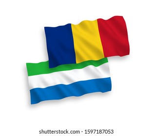 National vector fabric wave flags of Romania and Sierra Leone isolated on white background. 1 to 2 proportion.