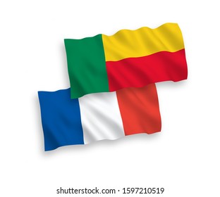 National vector fabric wave flags of France and Benin isolated on white background. 1 to 2 proportion.