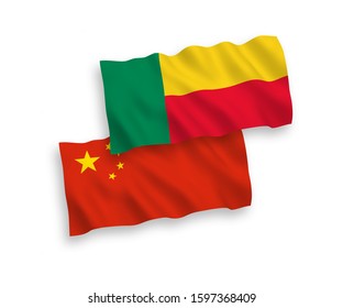 National vector fabric wave flags of Benin and China isolated on white background 1 to 2 proportion.
