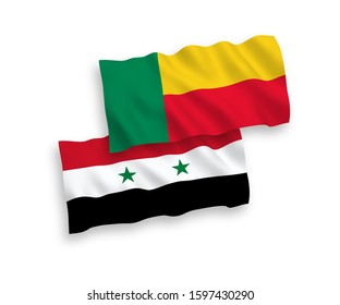 National vector fabric wave flags of Benin and Syria isolated on white background. 1 to 2 proportion.