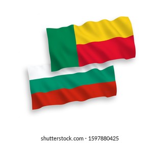 National vector fabric wave flags of Bulgaria and Benin isolated on white background. 1 to 2 proportion.