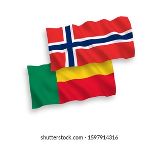 National vector fabric wave flags of Norway and Benin isolated on white background. 1 to 2 proportion.