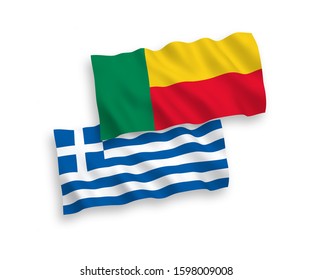 National vector fabric wave flags of Greece and Benin isolated on white background. 1 to 2 proportion.