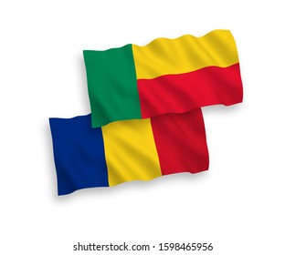 National vector fabric wave flags of Romania and Benin isolated on white background. 1 to 2 proportion.