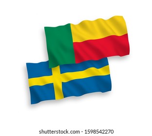 National vector fabric wave flags of Sweden and Benin isolated on white background. 1 to 2 proportion.