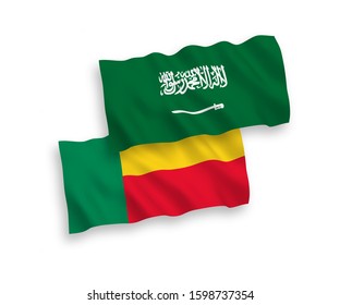 National vector fabric wave flags of Saudi Arabia and Benin isolated on white background. 1 to 2 proportion.