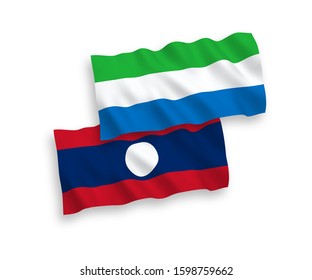 National vector fabric wave flags of Sierra Leone and Laos isolated on white background. 1 to 2 proportion.