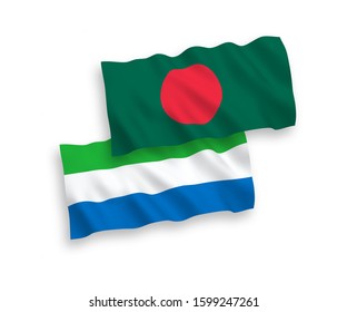 National vector fabric wave flags of Sierra Leone and Bangladesh isolated on white background. 1 to 2 proportion.