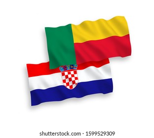 National vector fabric wave flags of Benin and Croatia isolated on white background. 1 to 2 proportion.