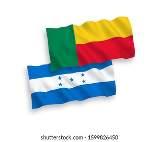 National vector fabric wave flags of Benin and Honduras isolated on white background. 1 to 2 proportion.