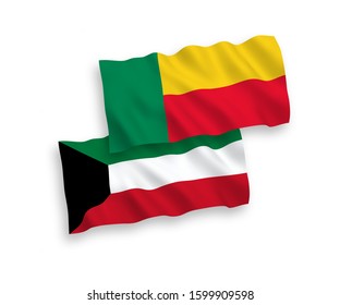 National vector fabric wave flags of Benin and Kuwait isolated on white background. 1 to 2 proportion.
