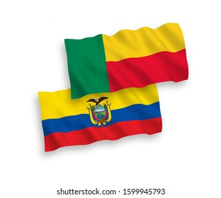 National vector fabric wave flags of Benin and Ecuador isolated on white background. 1 to 2 proportion.