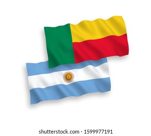 National vector fabric wave flags of Benin and Argentina isolated on white background. 1 to 2 proportion.